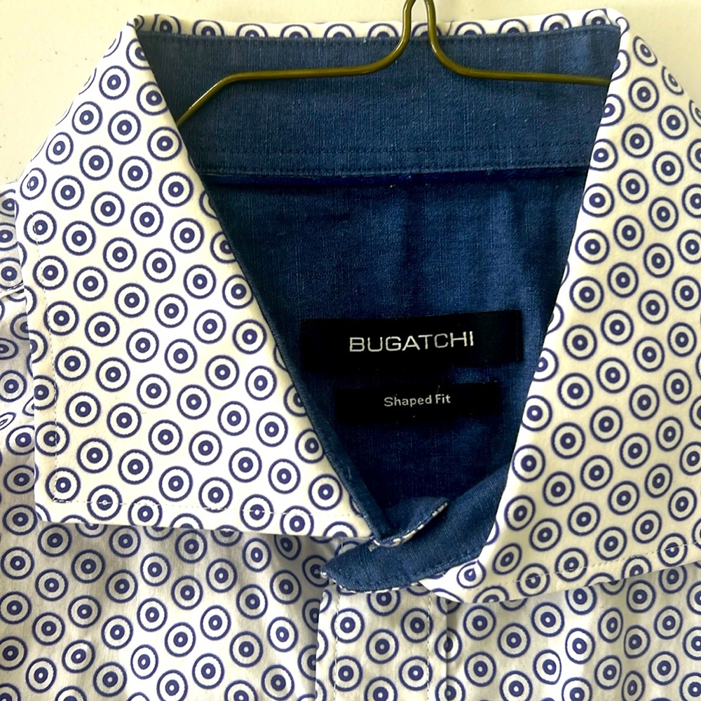 Bugatchi short sleeve print button up straight from dry cleaner